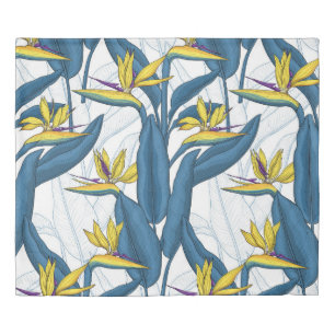 Bird of paradise flowers on white duvet cover