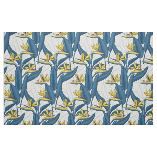 Bird of paradise flowers on white fabric