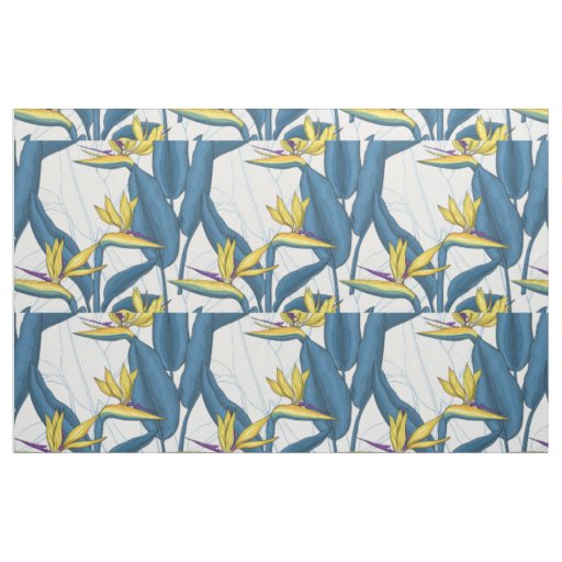 Bird of paradise flowers on white fabric