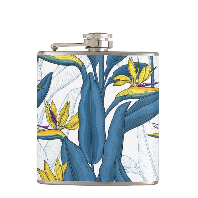Bird of paradise flowers on white flask (Front)