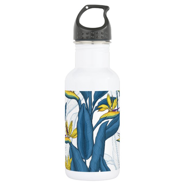 Bird of paradise flowers on white stainless steel water bottle (Front)