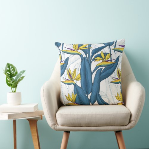 Bird of paradise flowers on white throw pillow