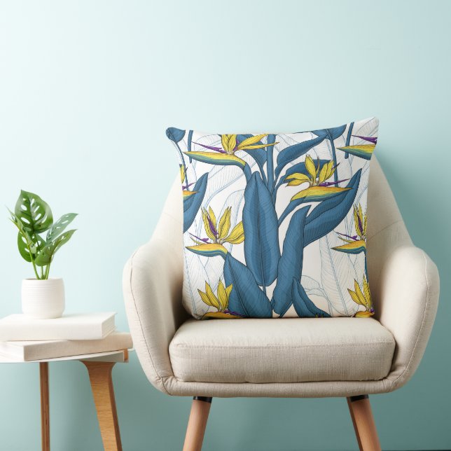 Bird of paradise flowers on white throw pillow (Chair)