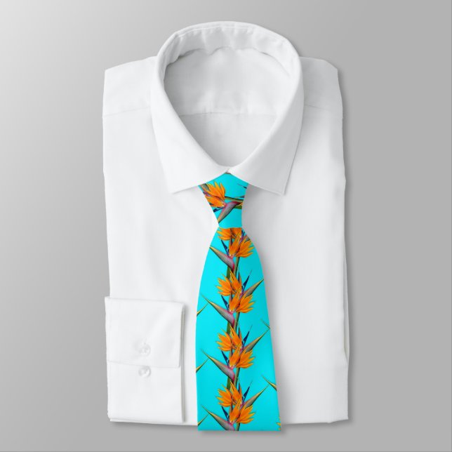 Bird of Paradise Flowers Pattern Aqua Neck Tie (Tied)