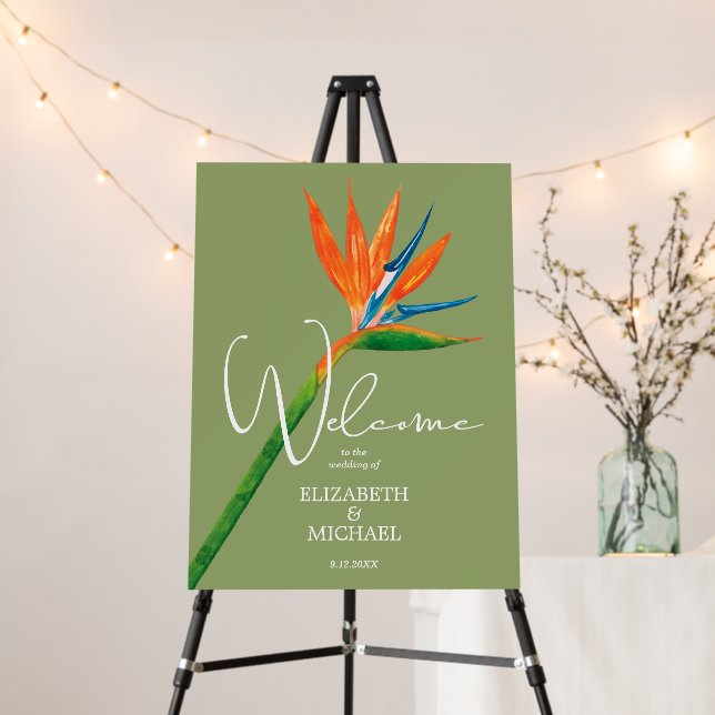 Bird of Paradise Green Wedding Welcome Foam Board (In Situ (Stand))