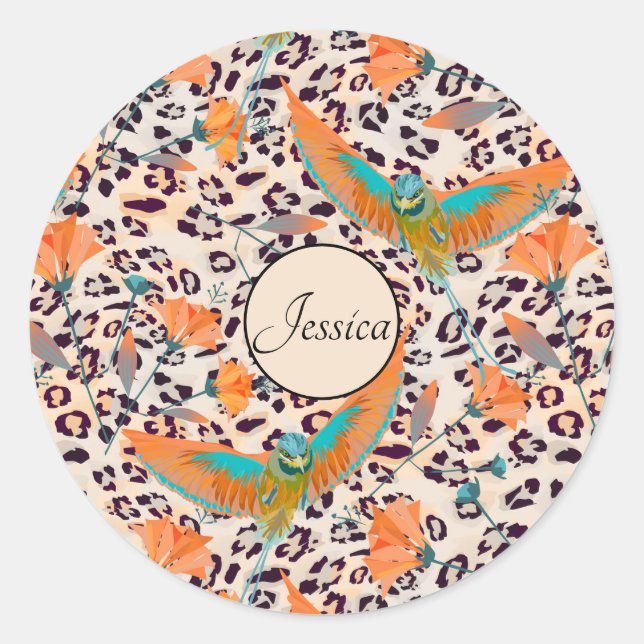 Bird of Paradise, leopard skin, Coral and turquois Classic Round Sticker (Front)