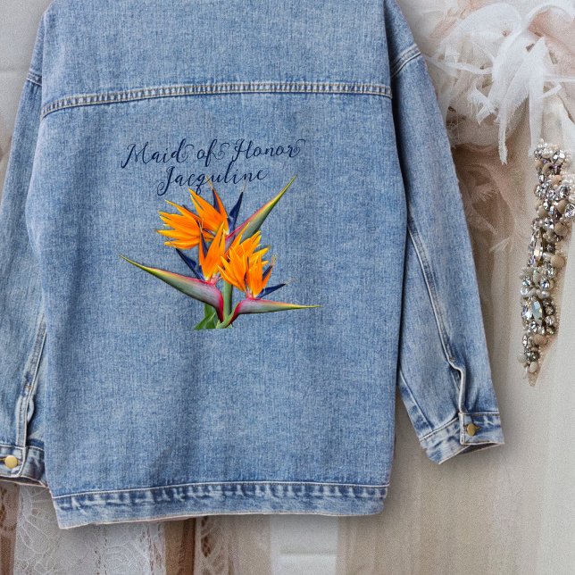 Bird of Paradise Maid of Honor Hawaiian Flowers Denim Jacket (Creator Uploaded)