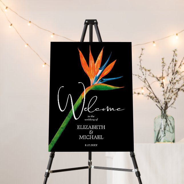 Bird of Paradise on Black Wedding Welcome Foam Board (In Situ (Stand))