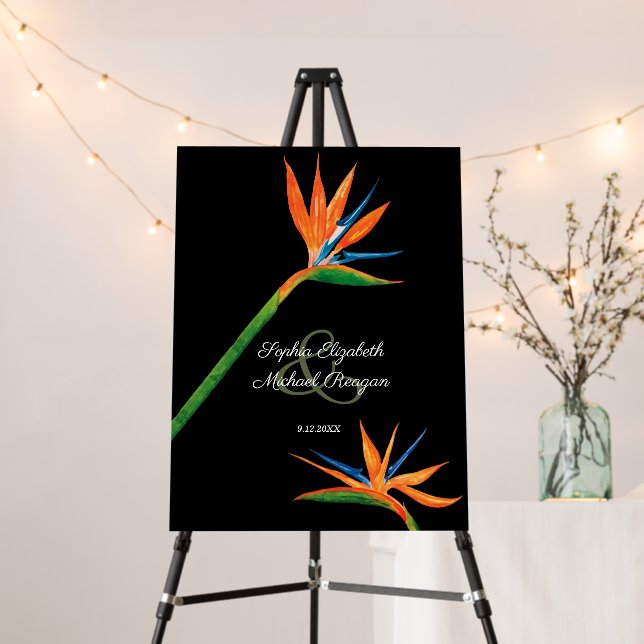 Bird of Paradise on Black Wedding Welcome Foam Board (In Situ (Stand))