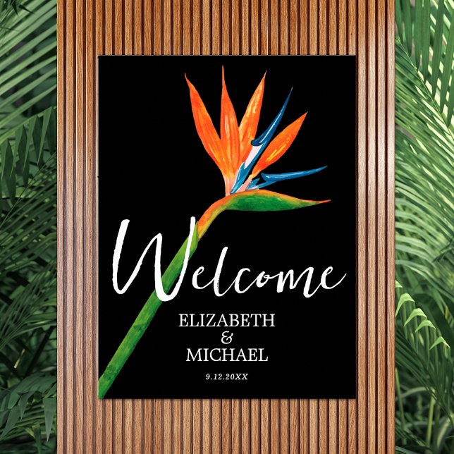 Bird of Paradise on Black Wedding Welcome Poster (Tropical bird of paradise on black wedding welcome poster - INSTANT DOWNLOAD and/or PRINTED)
