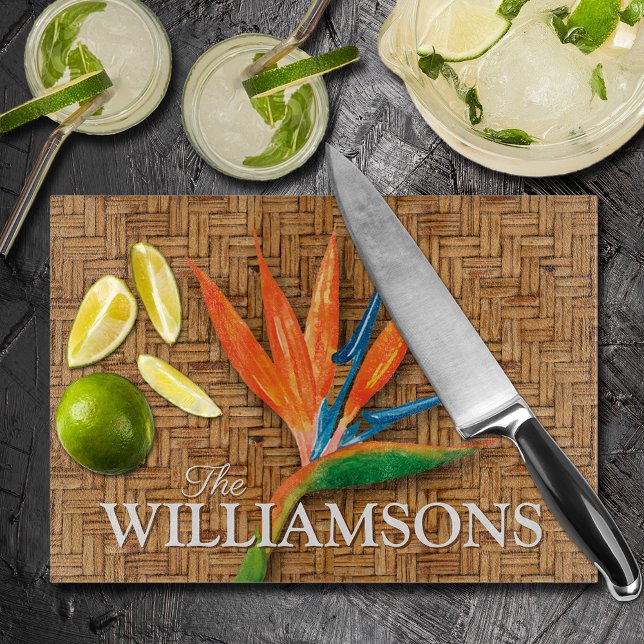 Bird of Paradise on Wicker Pattern Personalized Cutting Board (Bird of Paradise on Wicker Pattern Personalized Glass Cutting Board)