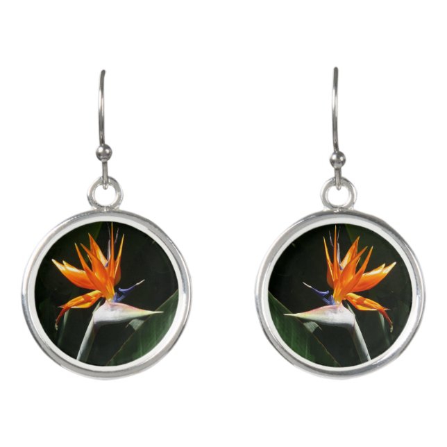 Bird of Paradise Orange Tropical Flower Earrings (Front)