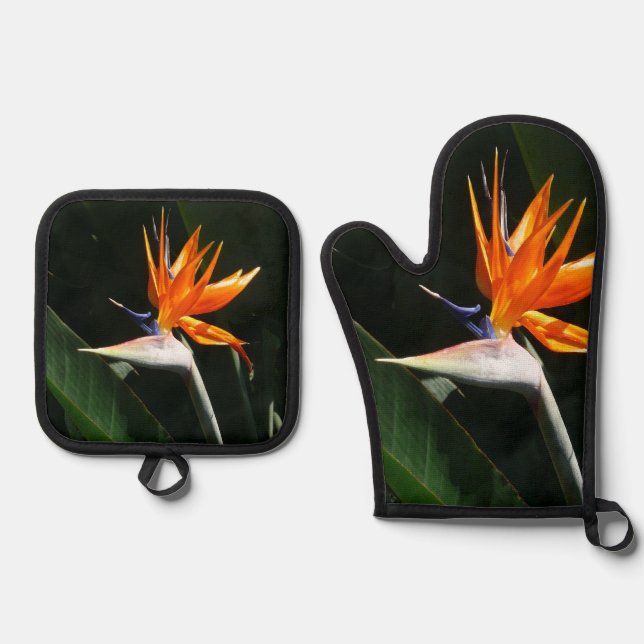 Bird of Paradise Orange Tropical Flower Oven Mitt & Pot Holder Set (Front)