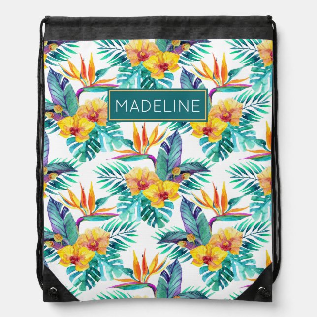 Bird Of Paradise & Orchid Pattern | Add Your Name Drawstring Bag (Front)