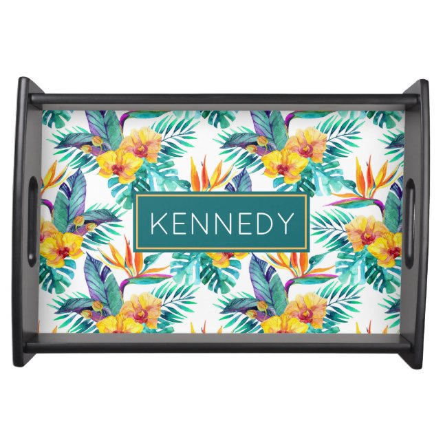 Bird Of Paradise & Orchid Pattern | Add Your Name Serving Tray (Front)