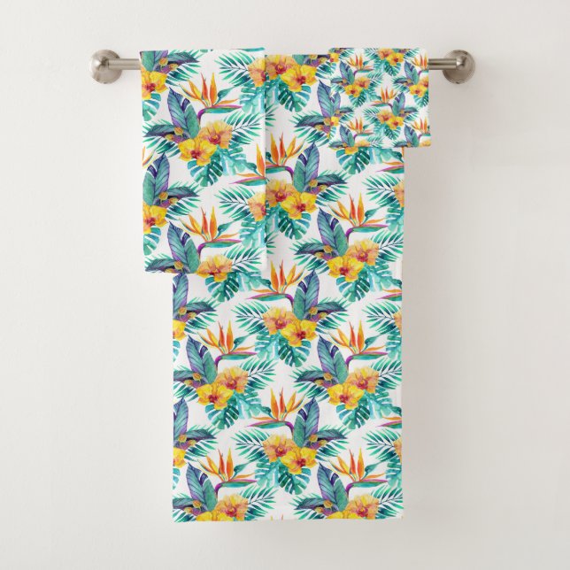 Bird Of Paradise & Orchid Pattern Bath Towel Set (Insitu)