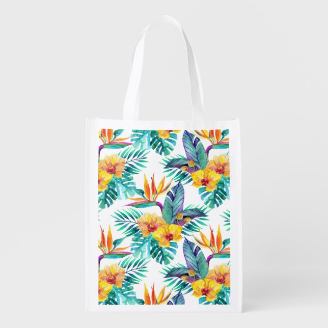 Bird Of Paradise & Orchid Pattern Reusable Grocery Bag (Front)