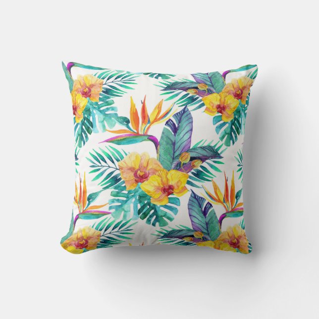 Bird Of Paradise & Orchid Pattern Throw Pillow (Front)