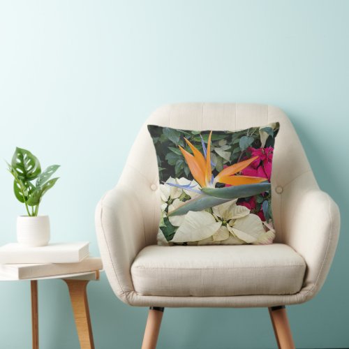 Bird of Paradise Plant and Poinsettias Floral Throw Pillow