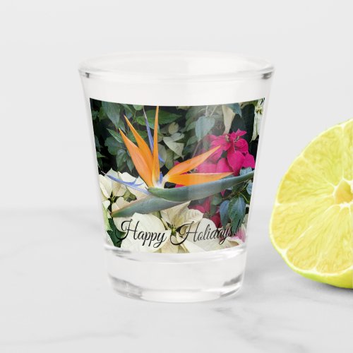 Bird of Paradise Plant and Poinsettias Holiday Shot Glass