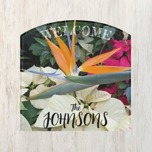 Bird of Paradise Plant and Poinsettias Welcome Door Sign