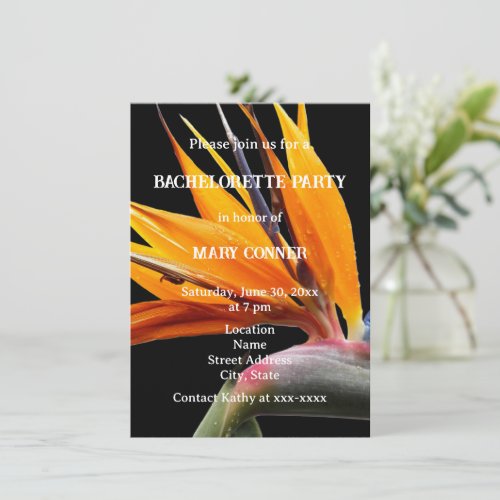 Bird of Paradise Plant on Black Bachelorette Party Invitation