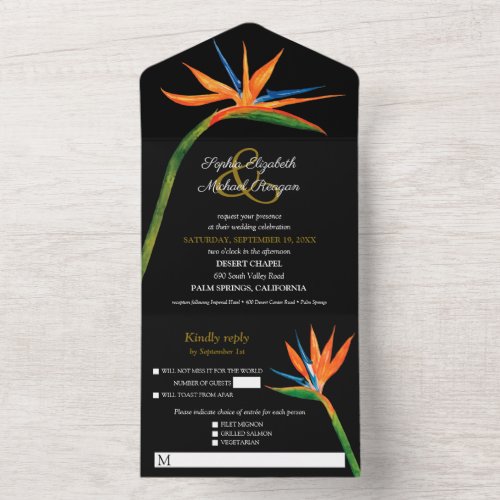 Bird of Paradise Watercolor Wedding All In One Invitation