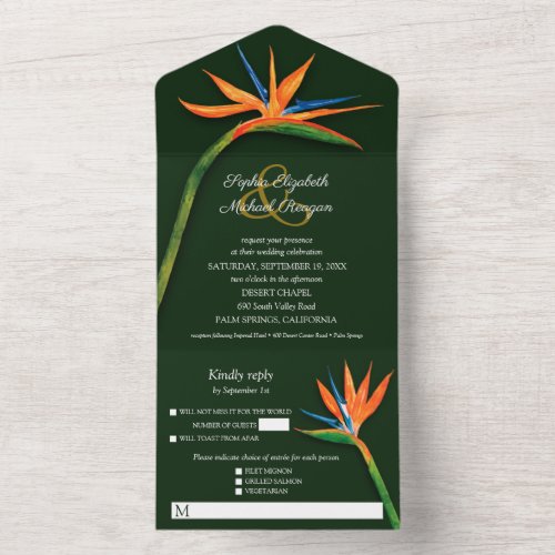 Bird of Paradise Watercolor Wedding All In One Invitation