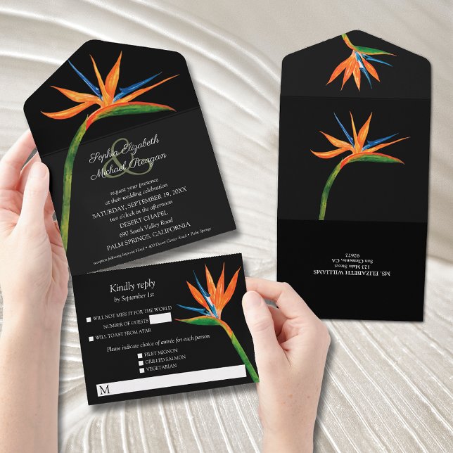 Bird of Paradise Watercolor Wedding All In One Invitation (ENVELOPES REQUIRED TO MAIL as there is no return address on these All-In-One Wedding Invitations)
