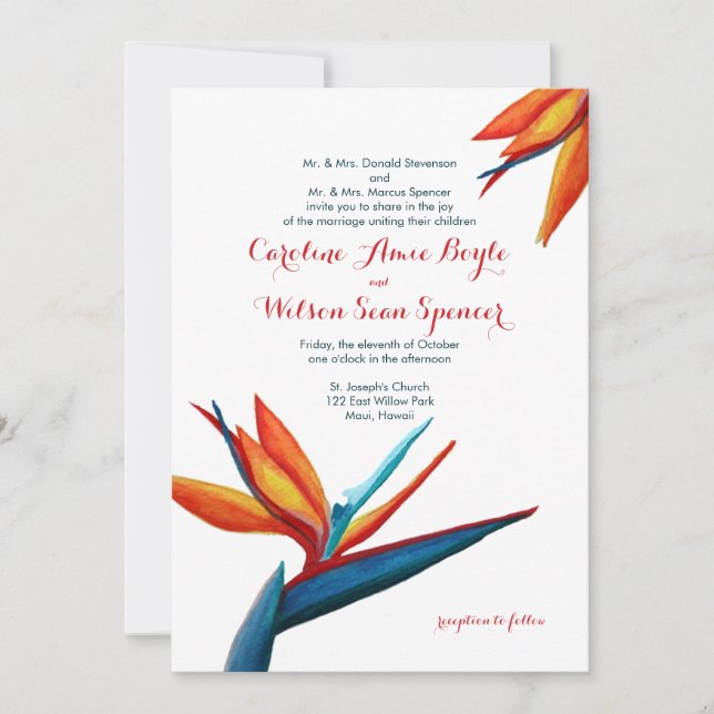 Bird of Paradise Watercolor Wedding Invitation (Front)
