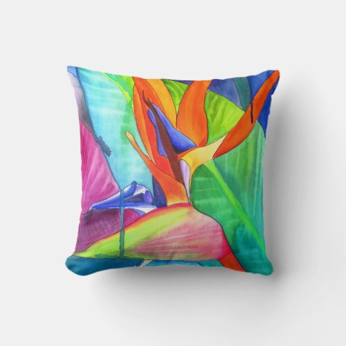 Bird of Paradise watercolour modern flower art Throw Pillow