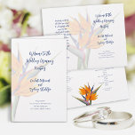 Bird of Paradise Wedding Program Template<br><div class="desc">Folded wedding program template with orange bird-of-paradise flowers. White paper with four pages to customize in script and printed dark blue text. The big floral background will wrap around from the front page to the back. Inside a smaller flower decorates the bottom center of the page. Include a message to...</div>