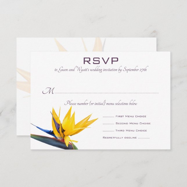 Bird of Paradise White Wedding Menu Reply Cards (Front/Back)