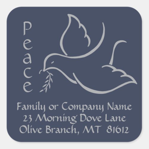 Bird of Peace Dove Navy Blue Return Address Labels - Add the perfect finishing touch to holiday greeting cards, invitations, gift baskets, or winter wedding thank you notes with these elegant navy blue and grey return address labels / envelope seals.  All text can easily be customized for either personal or corporate use. Design features a simple modern bird of peace carrying a delicate olive branch and a stylish typography message of "Peace."  Business clients, family, and friends will love the sophisticated luxury of these personalized return address labels.  Happy Holidays! Peace on Earth.