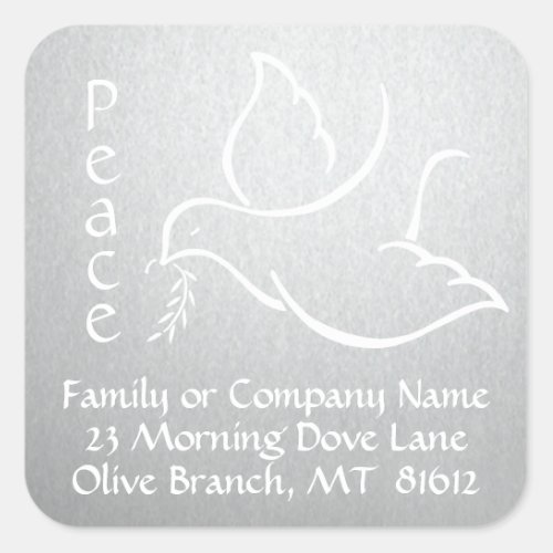 Bird of Peace Dove Silver Return Address Labels - Add the perfect finishing touch to holiday greeting cards, invitations, gift baskets, or winter wedding thank you notes with these elegant white and faux silver foil glossy return address labels / envelope seals.  All text can easily be customized for either personal or corporate use. Design features a simple modern bird of peace carrying a delicate olive branch and a stylish typography message of "Peace."  Business clients, family, and friends will love the sophisticated luxury of these personalized return address labels.  Happy Holidays! Peace on Earth.