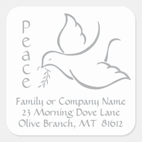 Bird of Peace Dove White Return Address Labels - Add the perfect finishing touch to holiday greeting cards, invitations, gift baskets, or winter wedding thank you notes with these elegant white and grey return address labels / envelope seals.  All text can easily be customized for either personal or corporate use. Design features a simple modern bird of peace carrying a delicate olive branch and a stylish typography message of "Peace."  Business clients, family, and friends will love the sophisticated style of these personalized return address labels.  Happy Holidays! Peace on Earth.
