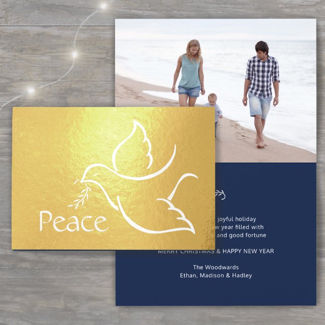 Bird of Peace Elegant Navy Blue Holiday Dove Photo Foil Card (Creator Uploaded)