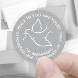 Bird of Peace Holiday Dove Grey Return Address Classic Round Sticker<br><div class="desc">Wish family and friends the simple gift of peace for the holidays with these elegant grey and white round return address envelope seals. All text on this template, including "Peace to you and yours" is easy to customize to include any wording, such as Merry Christmas, Happy Holidays, Happy Hanukkah, Seasons...</div>