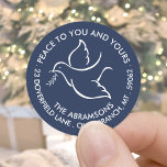 Bird of Peace Navy White Holiday Return Address Classic Round Sticker<br><div class="desc">Wish family and friends the simple gift of peace for the holidays with these elegant navy blue and white round return address envelope seals. All text on this template, including "Peace to you and yours" is easy to customize to include any wording, such as Merry Christmas, Happy Holidays, Happy Hanukkah,...</div>