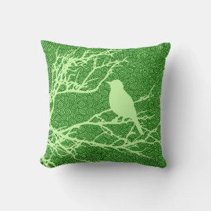 Bird on a Branch, Light Jade Green Throw Pillow