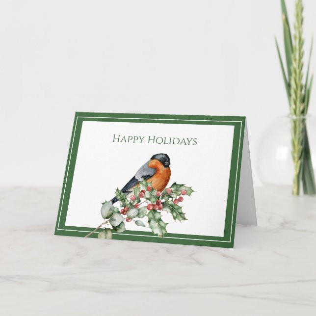Bird on a Branch of Holly, Green and White Holiday Card (Front)
