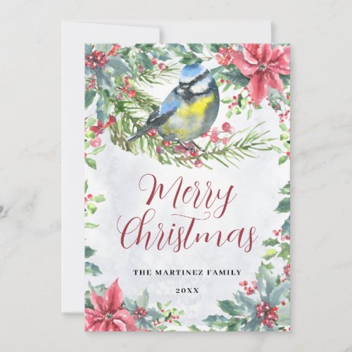 Bird on a Branch Poinsettia Merry Christmas Holiday Card