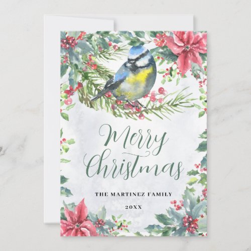 Bird on a Branch Poinsettia Merry Christmas Holiday Card