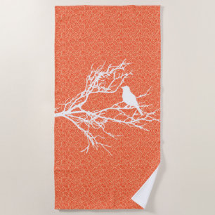Bird on a Branch, White Against Coral Orange Beach Towel