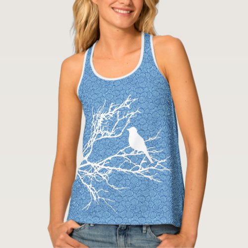Bird on a Branch White Against Sky  Blue Tank Top
