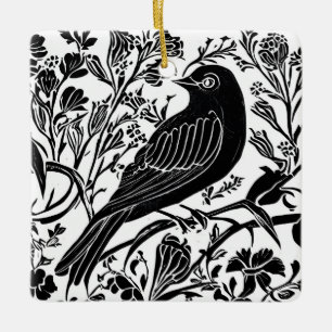 Bird on a Branch with Flowers in Black and White Ceramic Ornament
