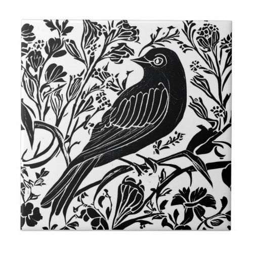 Bird on a Branch with Flowers in Black and White Ceramic Tile