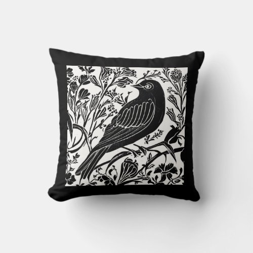 Bird on a Branch with Flowers in Black and White Throw Pillow