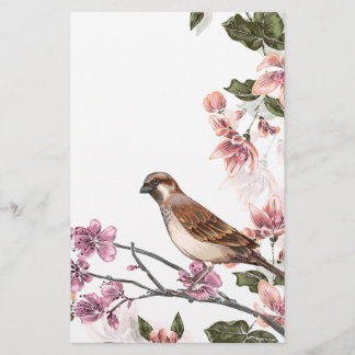 Bird on a Branch with Pink Blossoms Stationery