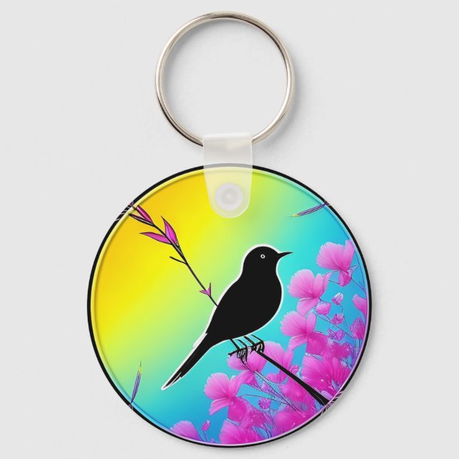 Bird On A Branch With Vibrant Artistic Backdrop Keychain (Front)